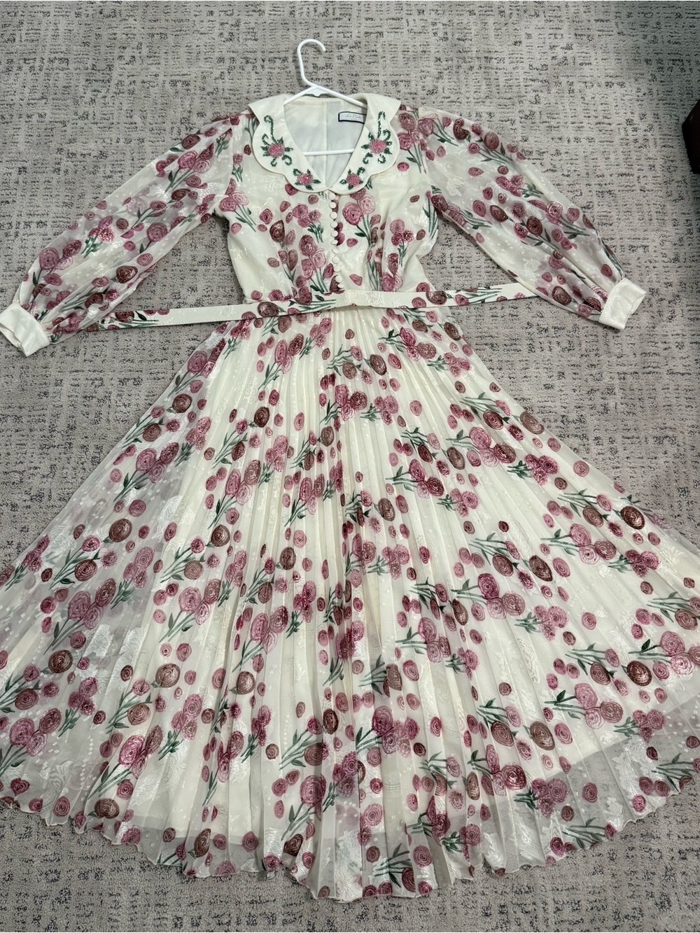 Pleated Floral Long-Sleeve Midi Dress in White & Pink Made in Turkey